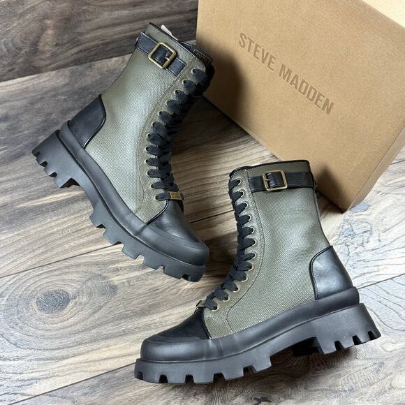 Steve Madden Shoes - NIB Steve Madden Matriarch Leather Mixed Media Ankle Combat Boots Olive Multi 8M